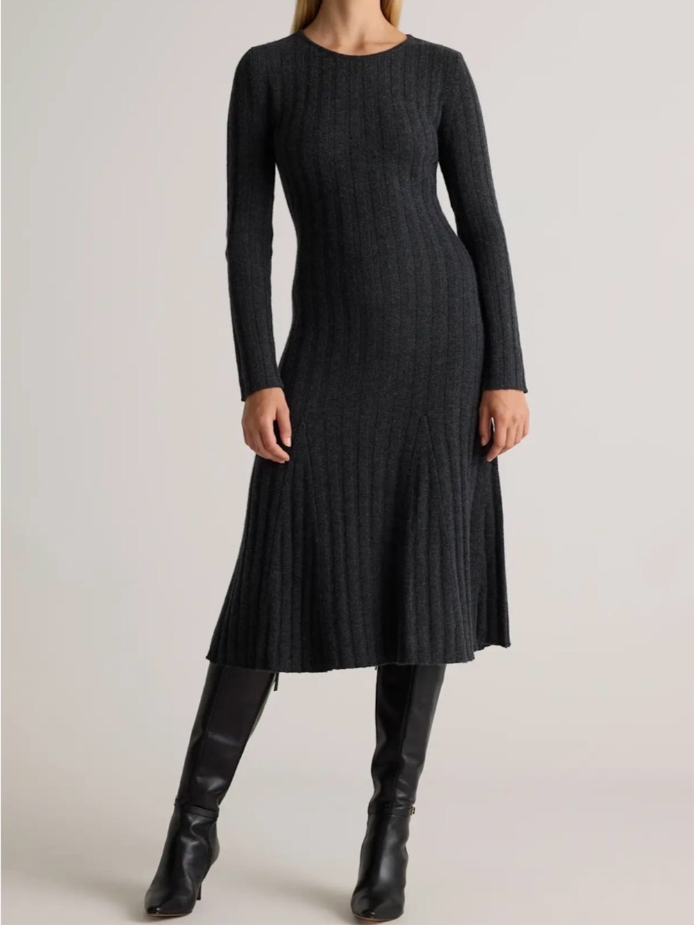 Quince Heather Charcoal 100% Cashmere Ribbed Knit Sweater Dress Long Sleeve M